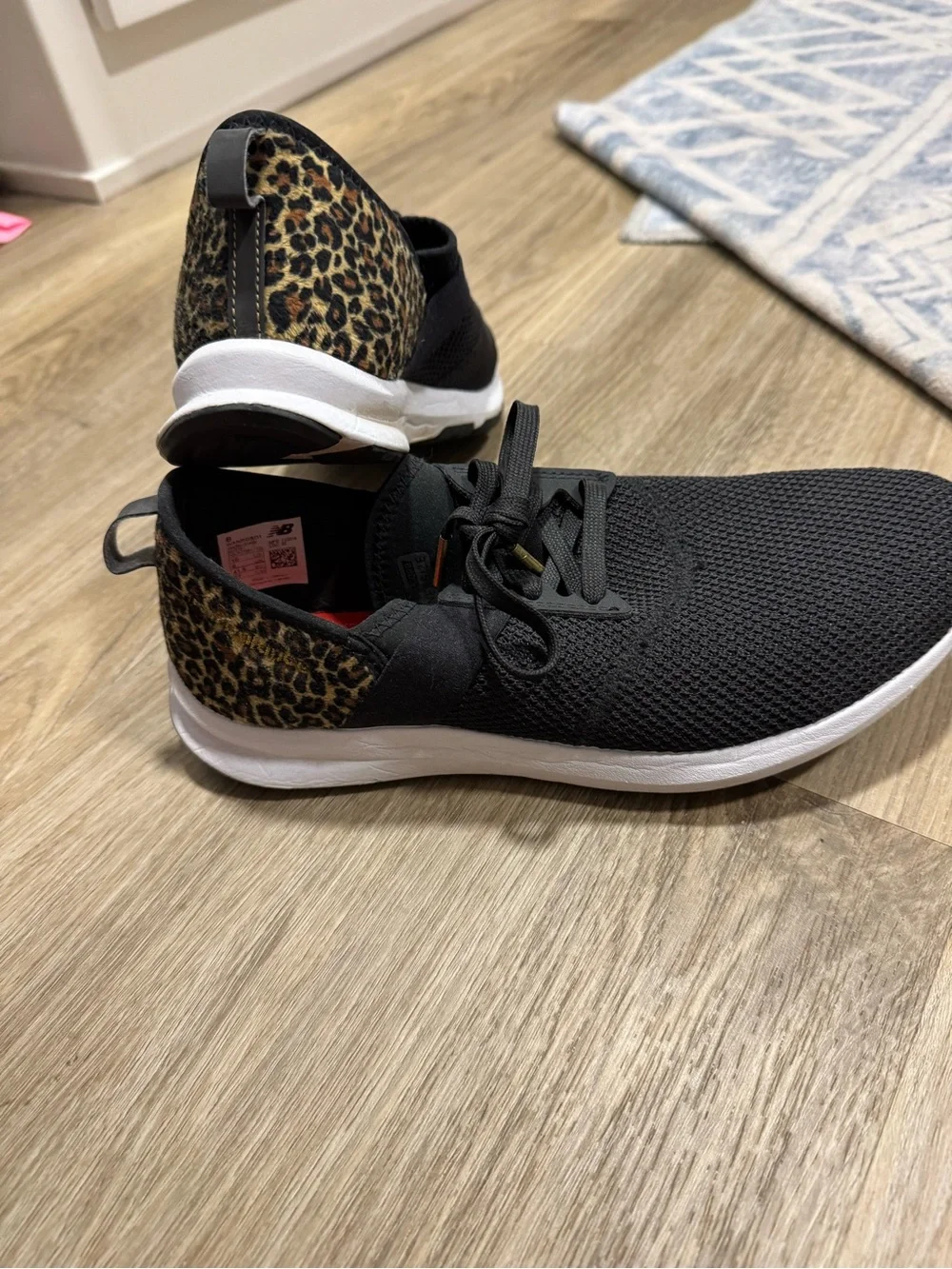 New Balance Black Knit Slip-On Sneakers with Leopard Heel